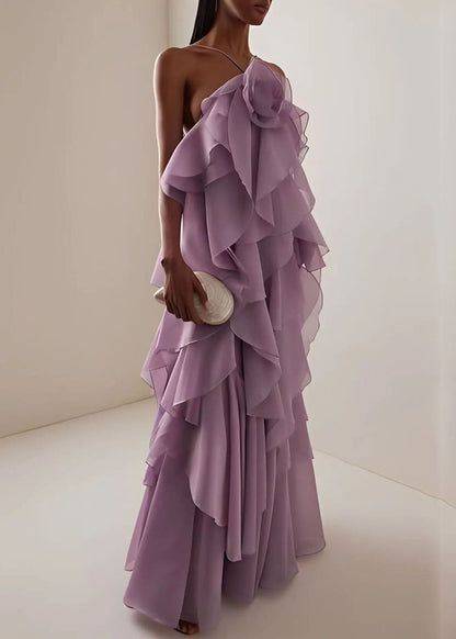 Blue Ruffled Asymmetrical Design Chiffon Spaghetti Strap Dress Summer