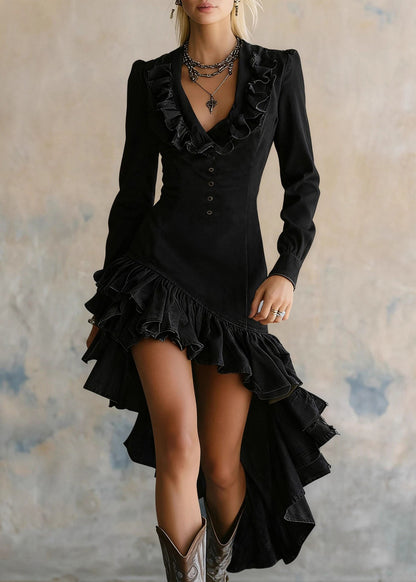 Blue Ruffled Asymmetrical Design Patchwork Denim Dresses Fall