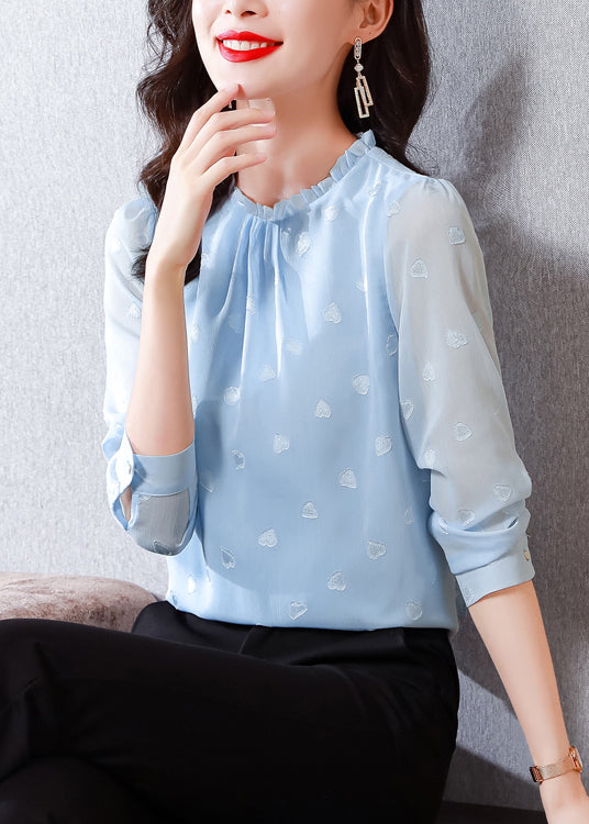 Blue Ruffled Draping Chiffon Shirt Top Spring