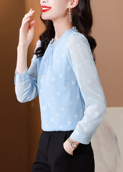 Blue Ruffled Draping Chiffon Shirt Top Spring