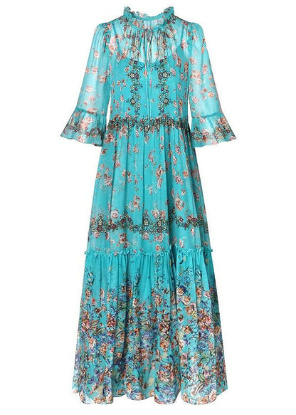 Blue Ruffled Patchwork Print Silk Maxi Dress Flare Sleeve