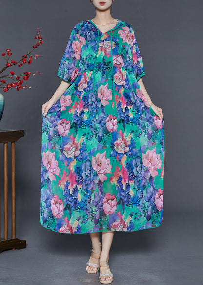 Blue Ruffled Print Chiffon Hooded Dress Summer