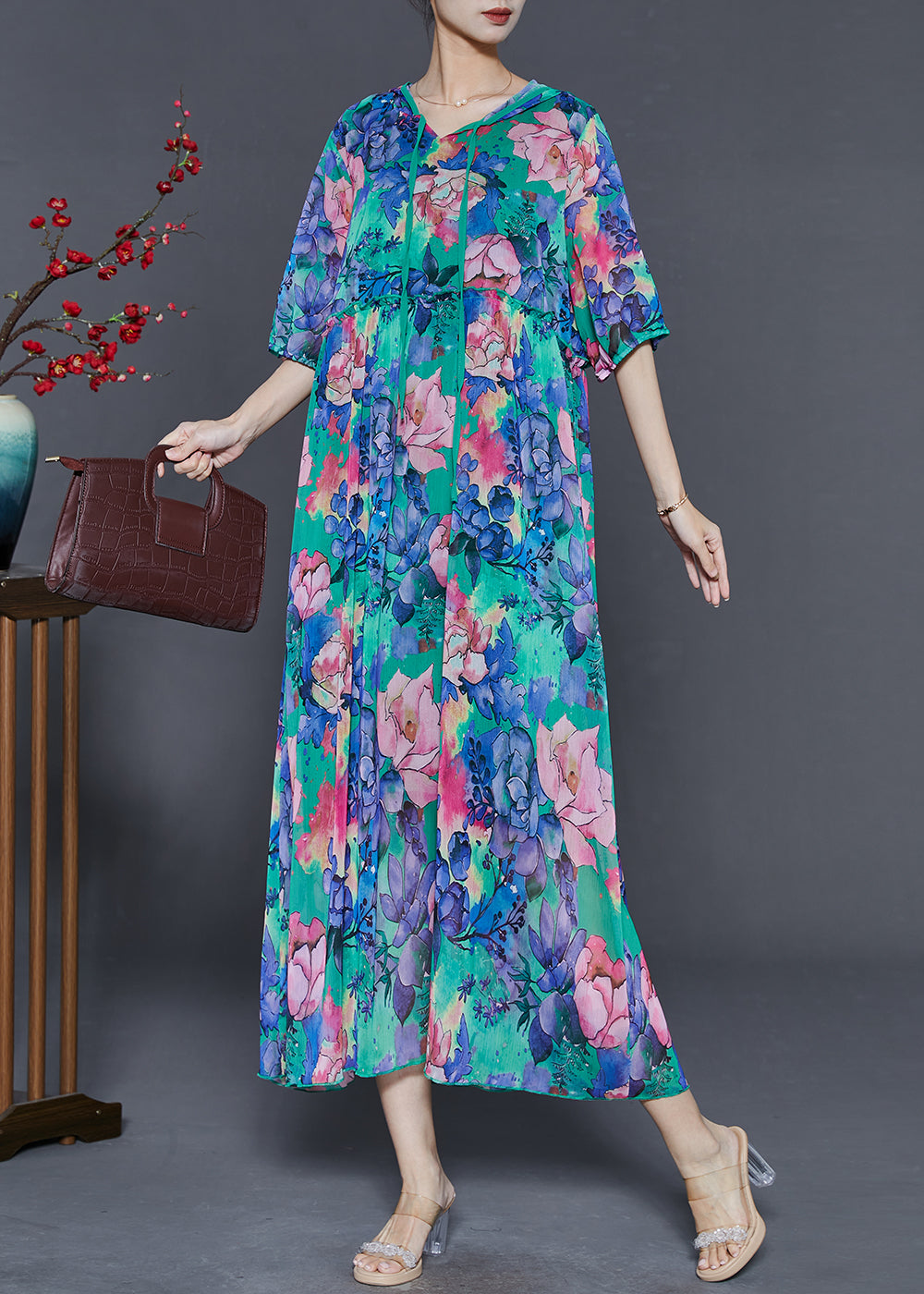 Blue Ruffled Print Chiffon Hooded Dress Summer