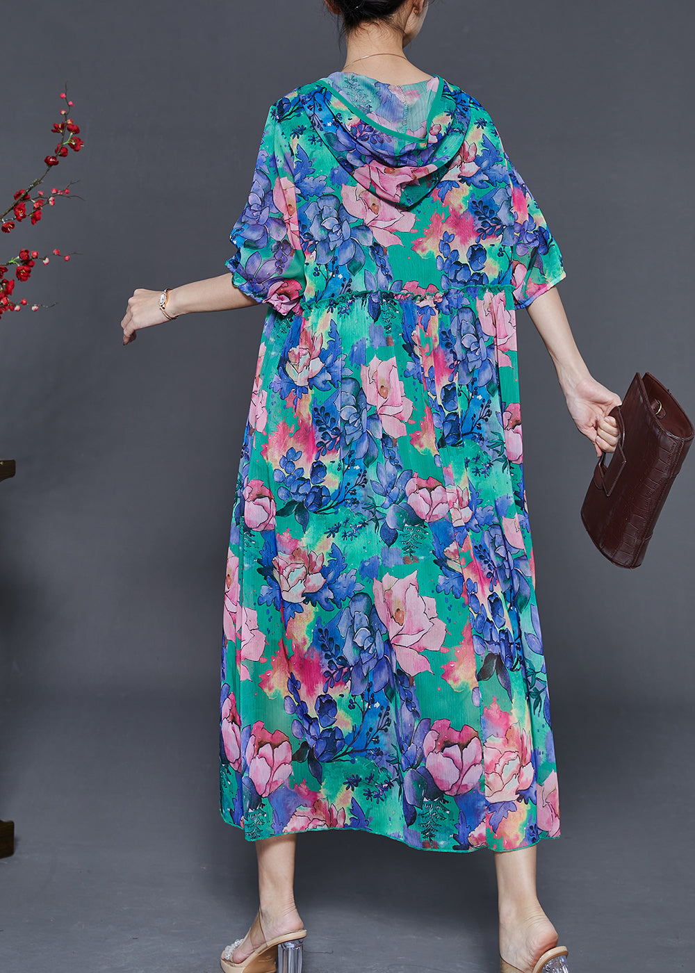 Blue Ruffled Print Chiffon Hooded Dress Summer