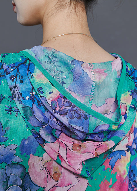 Blue Ruffled Print Chiffon Hooded Dress Summer