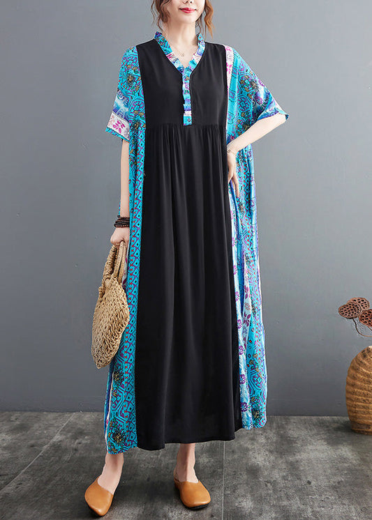 Blue Ruffled Print Patchwork Cotton Exra Large Hem Dress Summer