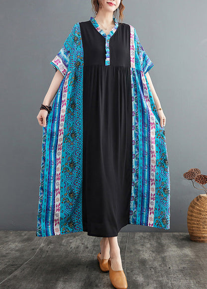 Blue Ruffled Print Patchwork Cotton Exra Large Hem Dress Summer