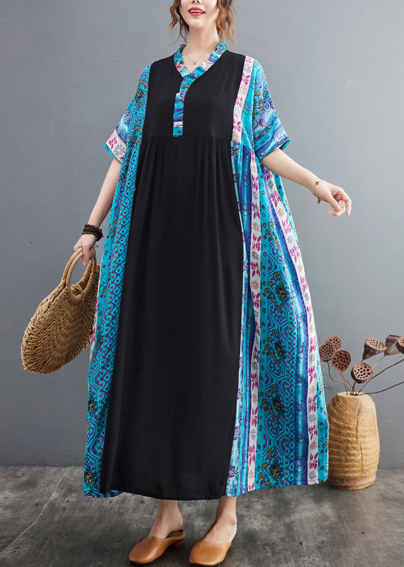 Blue Ruffled Print Patchwork Cotton Exra Large Hem Dress Summer