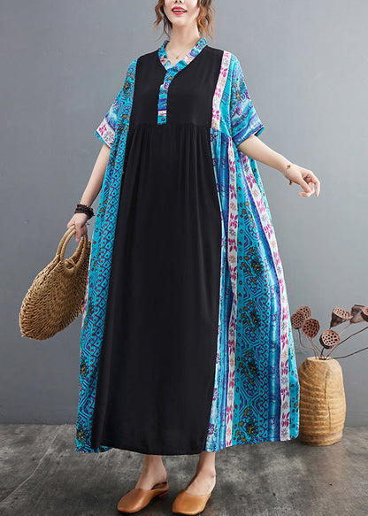Blue Ruffled Print Patchwork Cotton Exra Large Hem Dress Summer