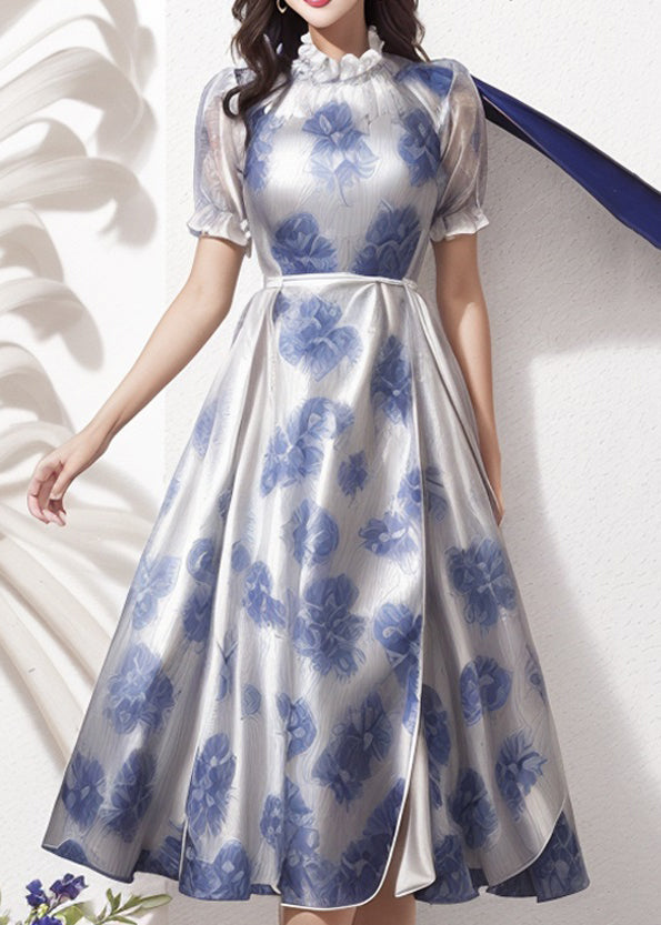 Blue Ruffled Print Silk Dresses Short Sleeve