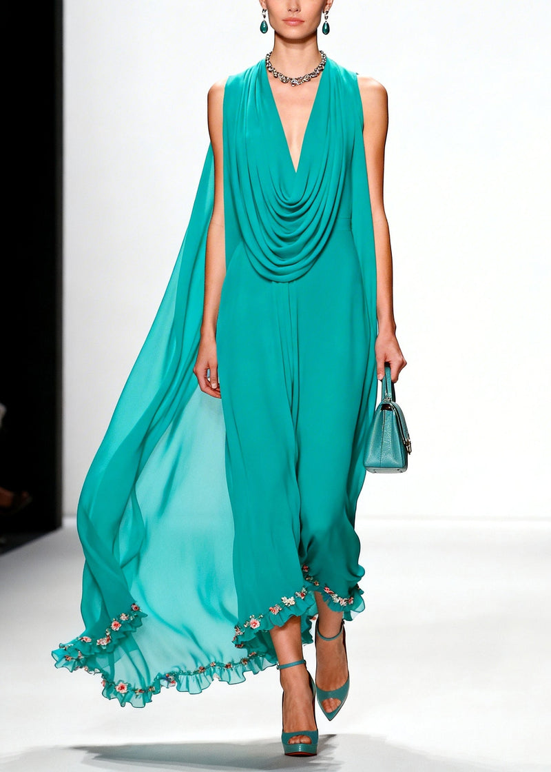 Blue Turtle Neck Ruffled Chiffon Vacation Dresses Summer