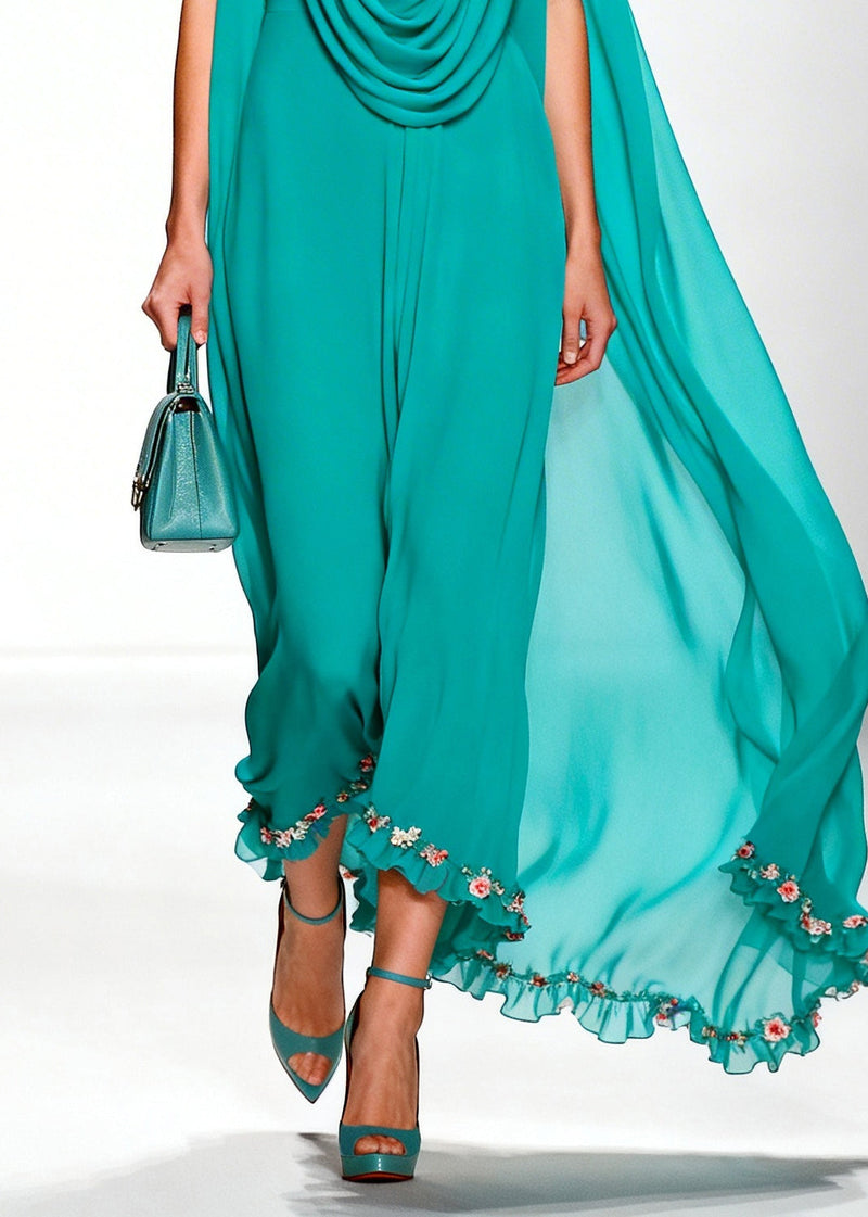 Blue Turtle Neck Ruffled Chiffon Vacation Dresses Summer