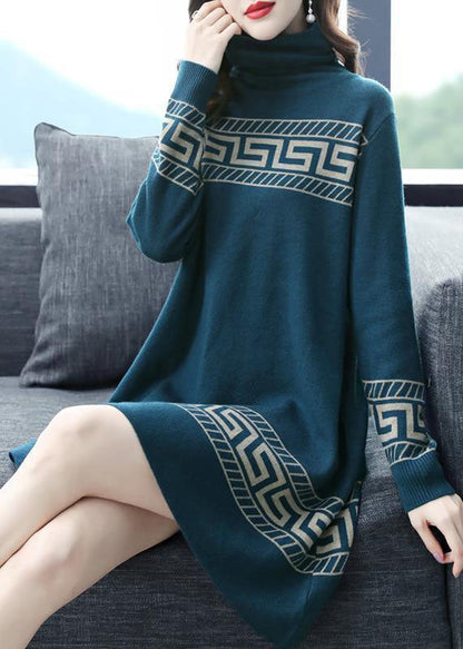 Blue Turtle Neck Thick Print Long Sweater Long Sleeve
