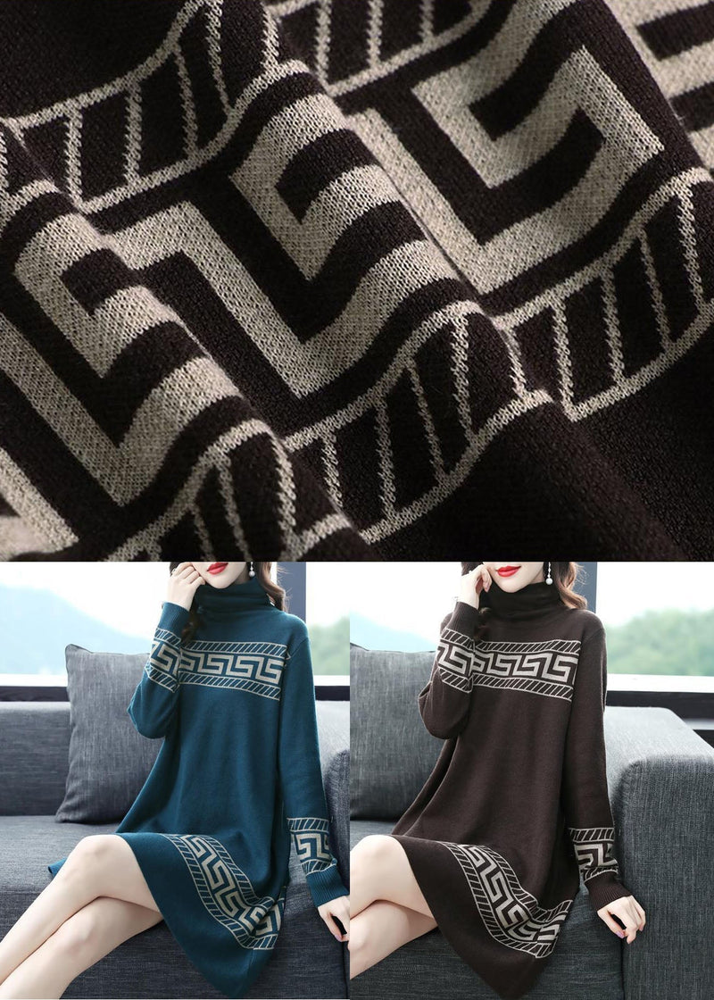 Blue Turtle Neck Thick Print Long Sweater Long Sleeve
