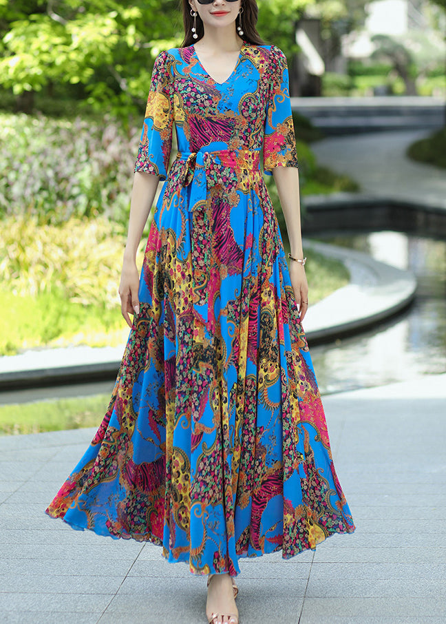 Blue V Neck Print Lace Up Chiffon Dress Summer