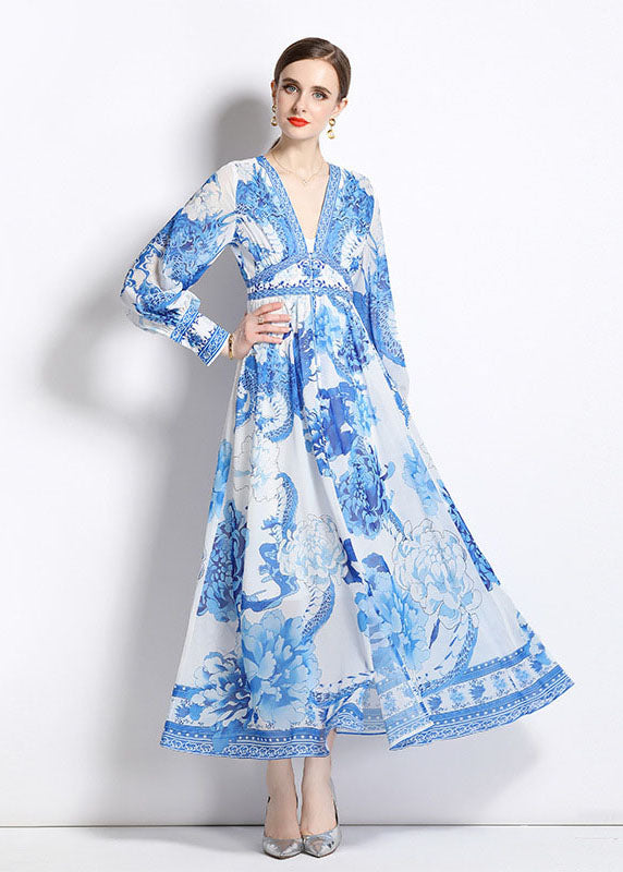 Blue V Neck Print Patchwork Chiffon Vacation Dresses Long Sleeve