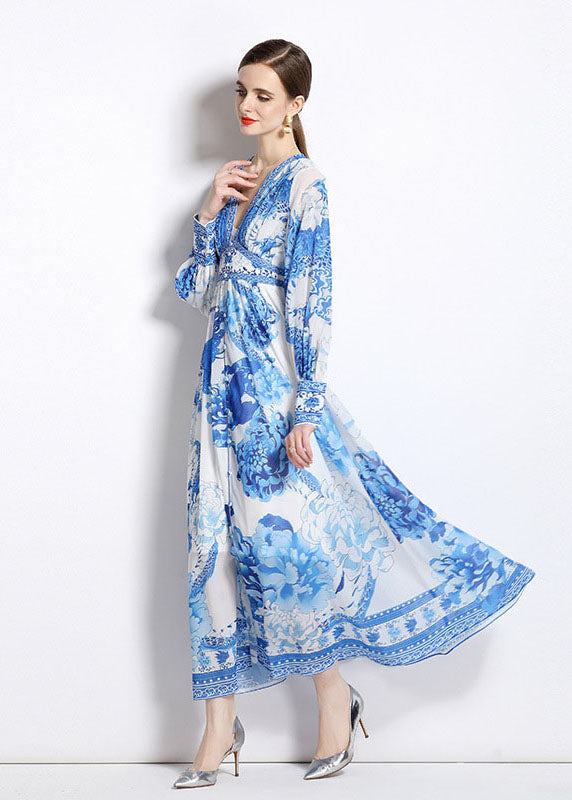 Blue V Neck Print Patchwork Chiffon Vacation Dresses Long Sleeve