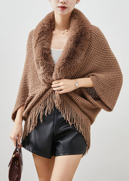 Brown Fur Collar Tasseled Knit Cardigans Fall