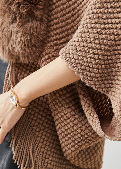 Brown Fur Collar Tasseled Knit Cardigans Fall