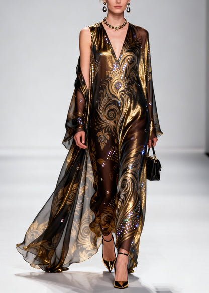 Brown Rhinestone Exra Large Hem Silk Party Dress Summer
