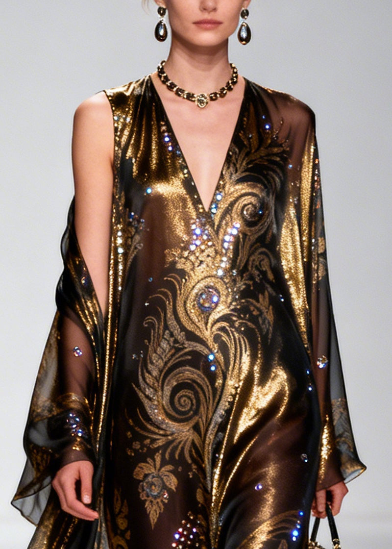 Brown Rhinestone Exra Large Hem Silk Party Dress Summer