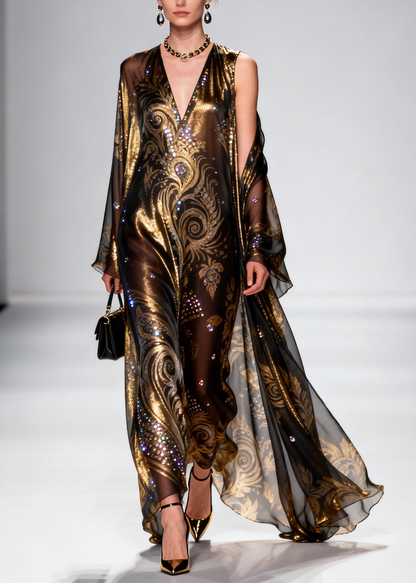 Brown Rhinestone Exra Large Hem Silk Party Dress Summer