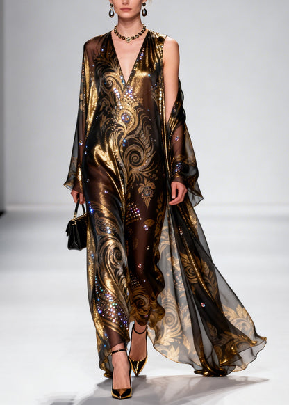 Brown Rhinestone Exra Large Hem Silk Party Dress Summer