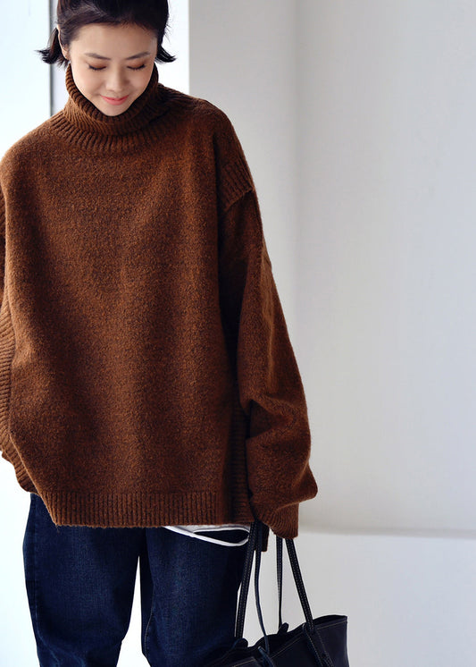 Camel Colour O-neck Side Open Low High Design Thick Cotton Knit Sweater Fall