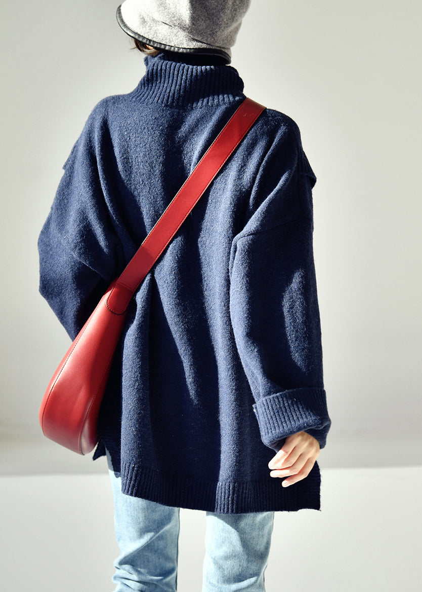 Camel Colour O-neck Side Open Low High Design Thick Cotton Knit Sweater Fall