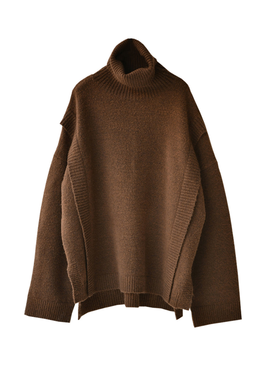 Camel Colour O-neck Side Open Low High Design Thick Cotton Knit Sweater Fall