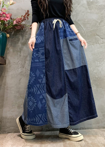 Navy Patchwork Elastic Waist Denim Skirts Spring
