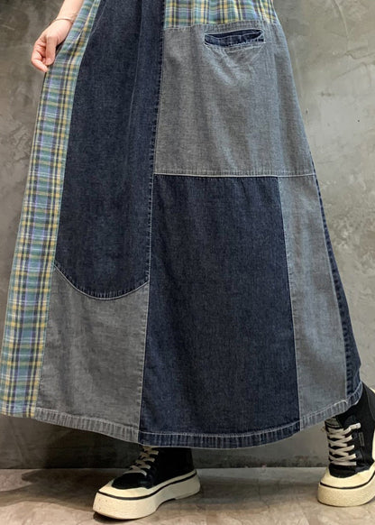 Navy Patchwork Elastic Waist Denim Skirts Spring