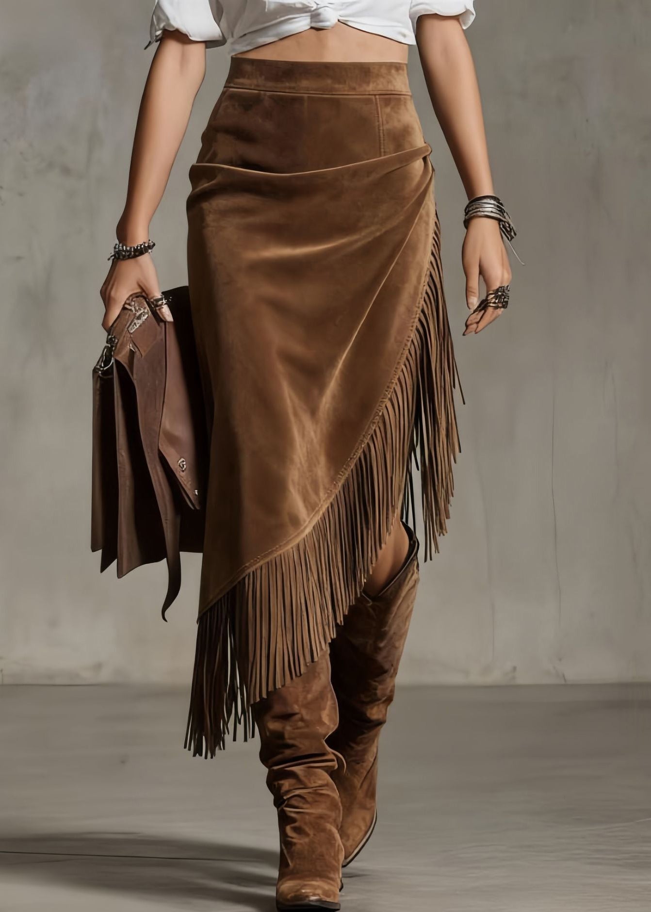 Chocolate Asymmetrical Tasseled High Waist Faux Suede Skirt Spring