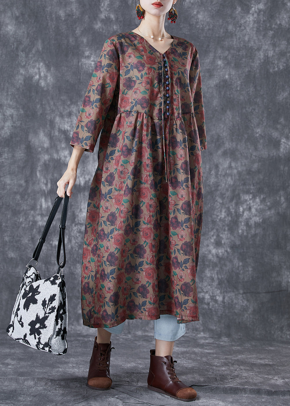 Chocolate Print Button Lace Up Linen Long Dress Bracelet Sleeve
