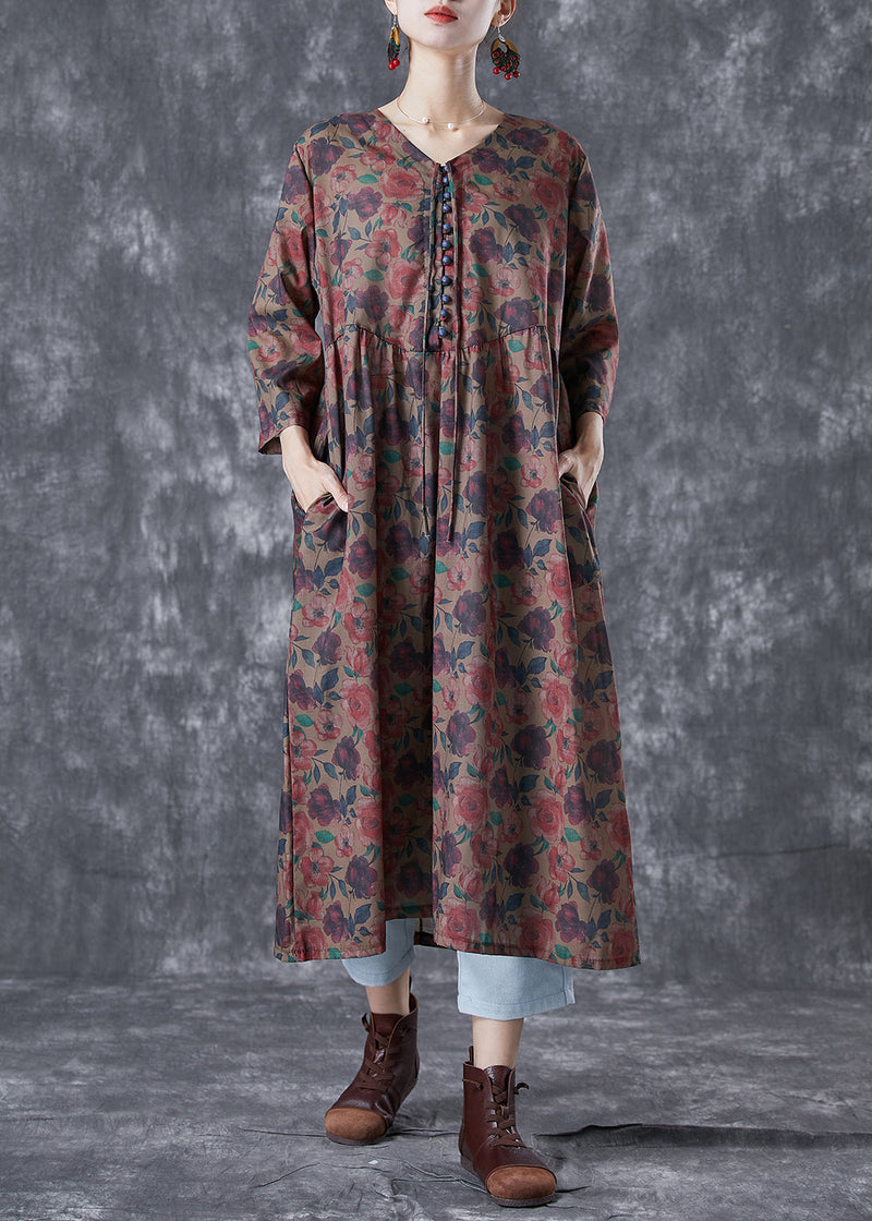 Chocolate Print Button Lace Up Linen Long Dress Bracelet Sleeve