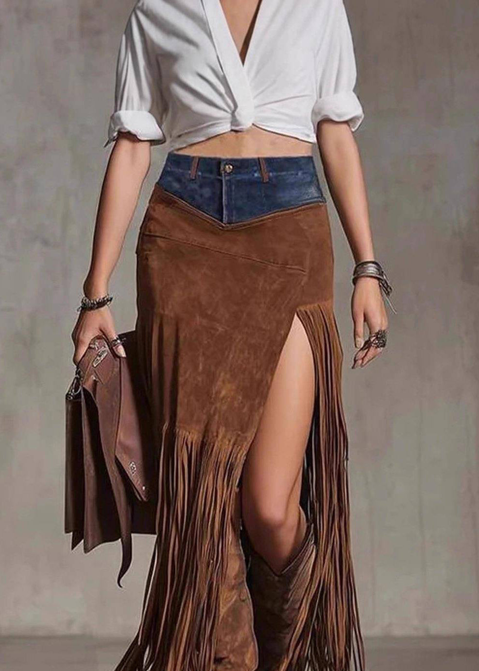 Chocolate Tassel Patchwork Faux Suede Skirt Spring