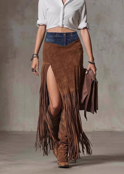 Chocolate Tassel Patchwork Faux Suede Skirt Spring