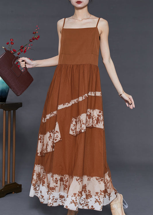 Coffee Patchwork Chiffon Spaghetti Strap Dress Summer