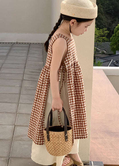 Coffee Plaid Square Collar Side Open Tie Waist Cotton Kids Long Dress Summer