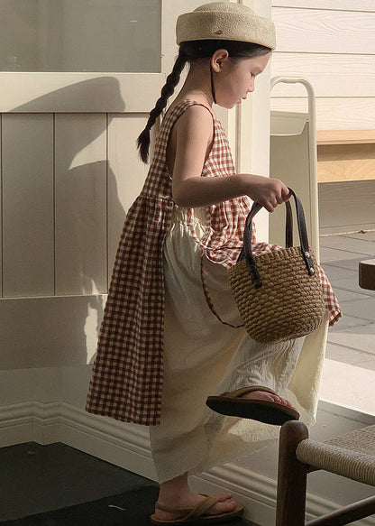 Coffee Plaid Square Collar Side Open Tie Waist Cotton Kids Long Dress Summer