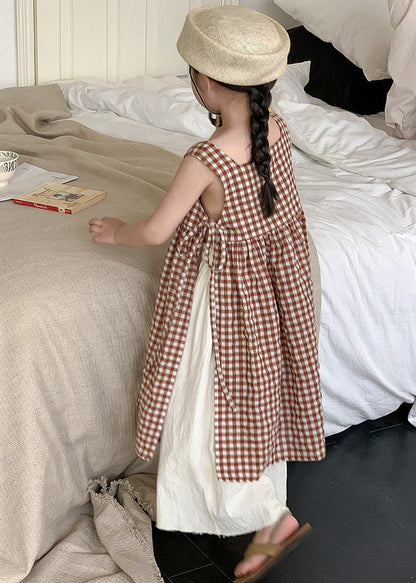 Coffee Plaid Square Collar Side Open Tie Waist Cotton Kids Long Dress Summer