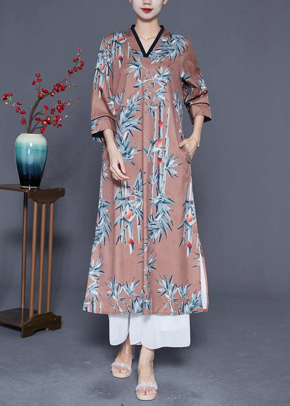 Coffee Print Side Pen Chiffon Long Dresses Bracelet Sleeve