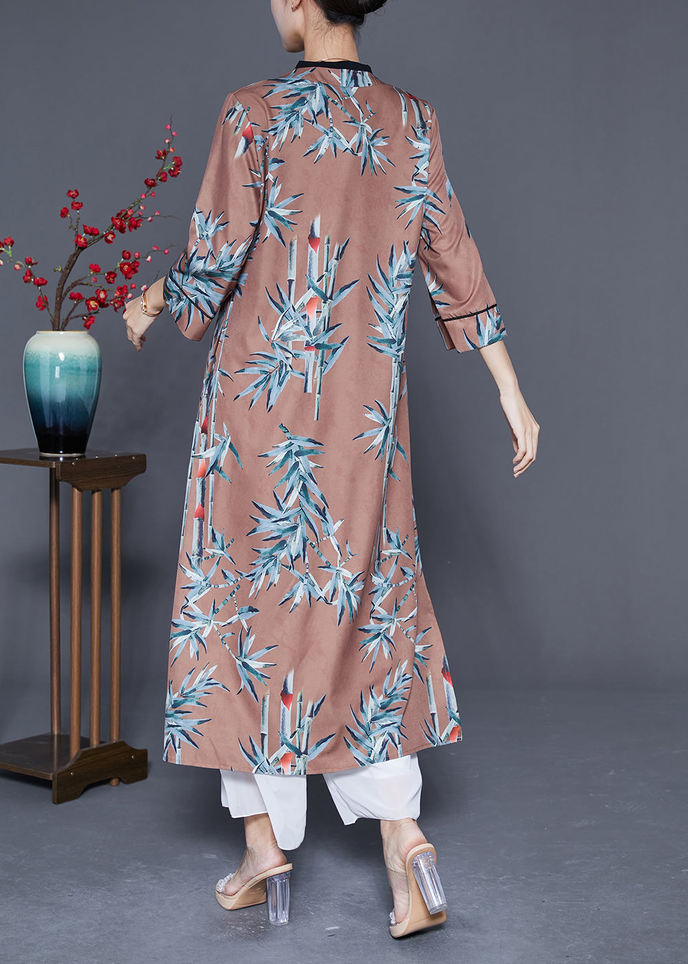 Coffee Print Side Pen Chiffon Long Dresses Bracelet Sleeve