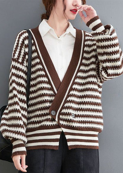 Chocolate V Neck Striped Cozy Knit Coat Outwear Spring
