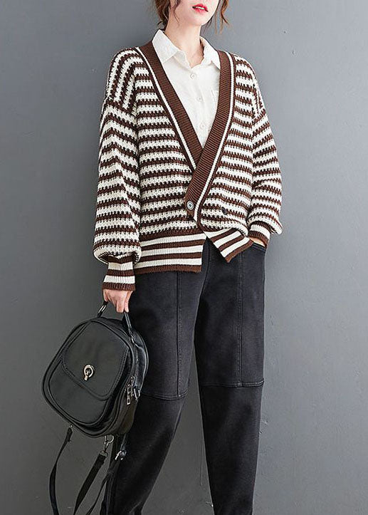 Chocolate V Neck Striped Cozy Knit Coat Outwear Spring