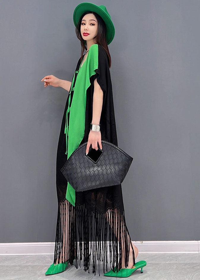 Colorblock Asymmetrical Patchwork Tassel Lace Vacation Dress Short Sleeve