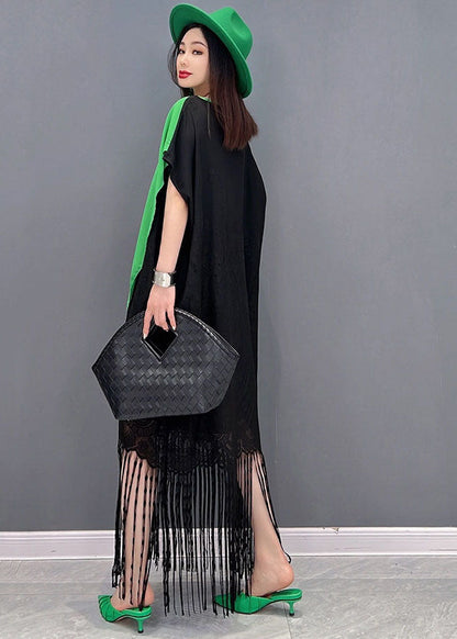 Colorblock Asymmetrical Patchwork Tassel Lace Vacation Dress Short Sleeve