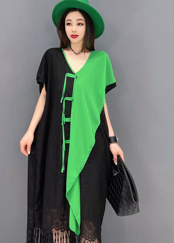 Colorblock Asymmetrical Patchwork Tassel Lace Vacation Dress Short Sleeve