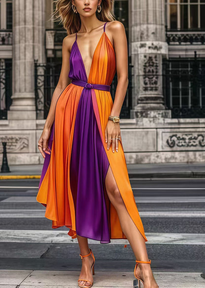 Colorblock Cinched Patchwork Chiffon Spaghetti Strap Dress Summer