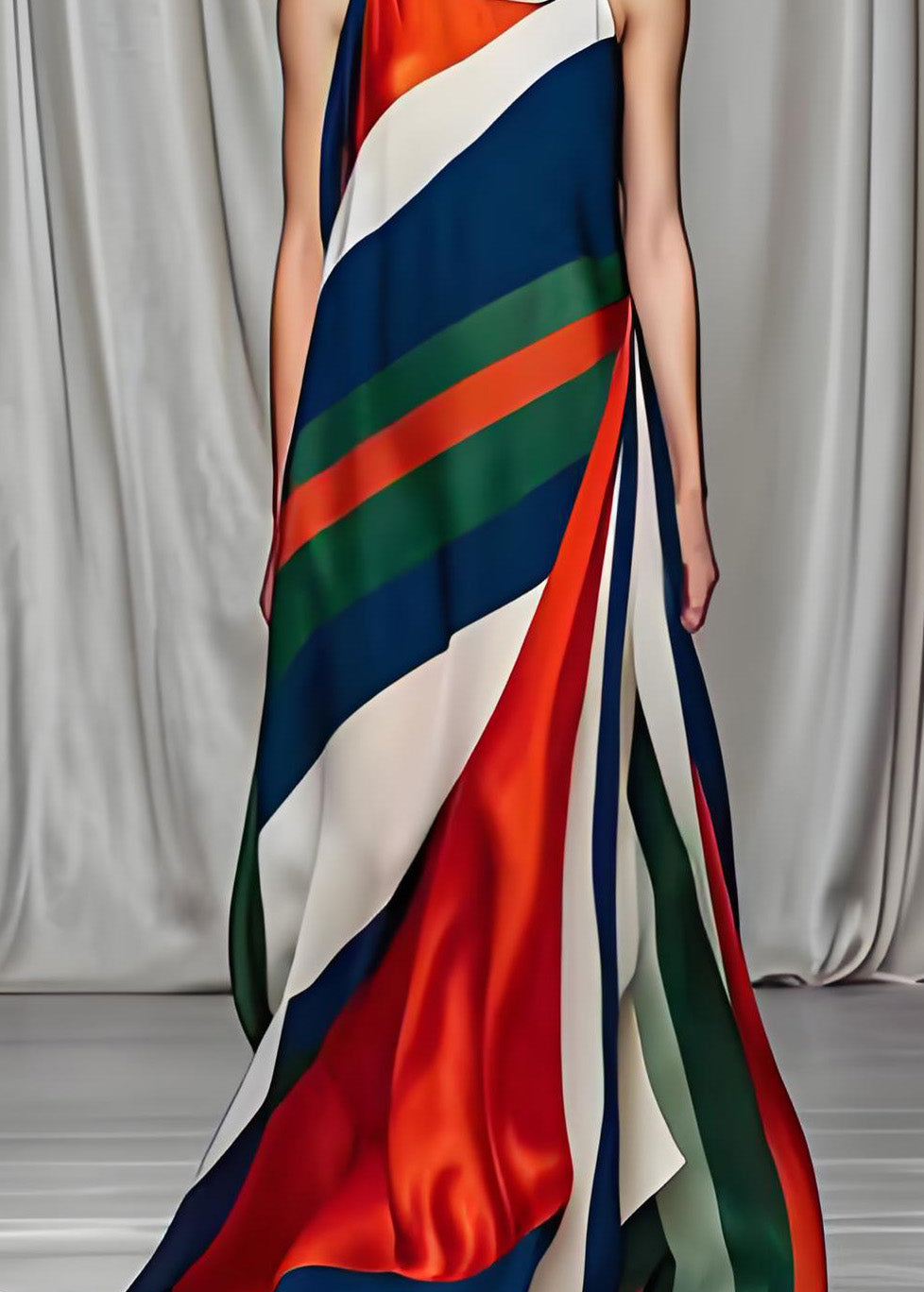 Colorblock Cold Shoulder Draping Silk Long Dresses Sleeveless